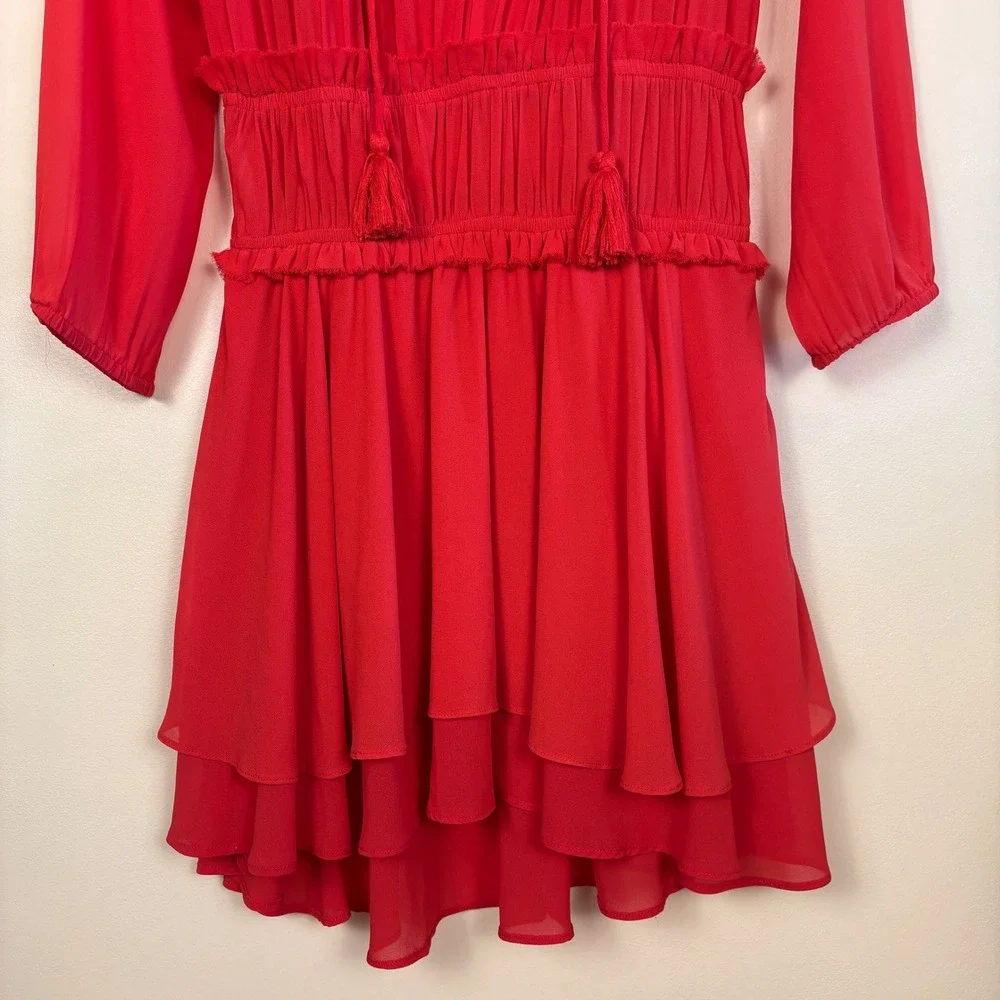 MAJE Rulla Shirred Waist Mini Dress Red Women Size 1 Small Ruffle Skirt Slip